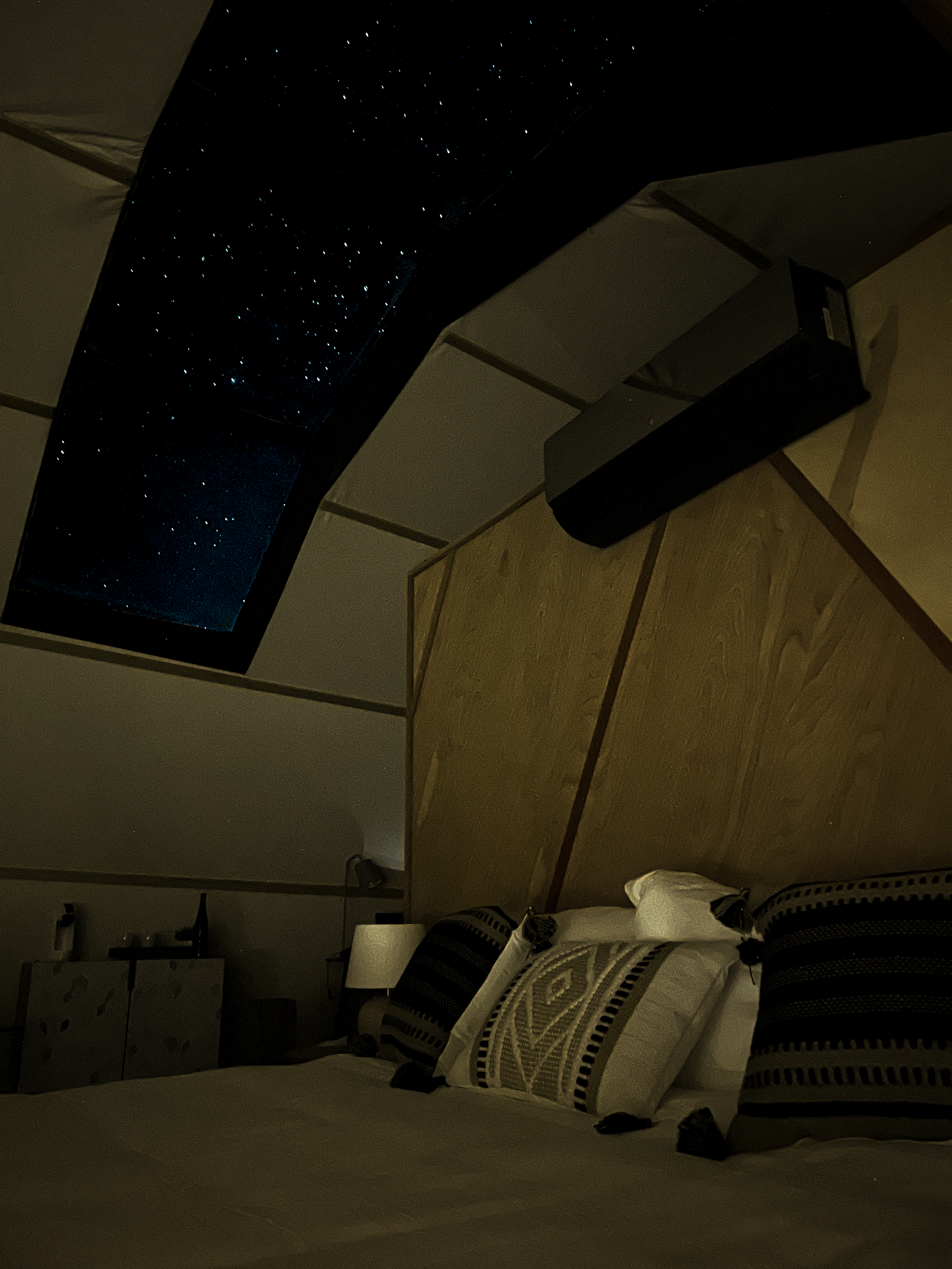 A SkyView window view of the stars from inside a Backland luxury glamping tent.