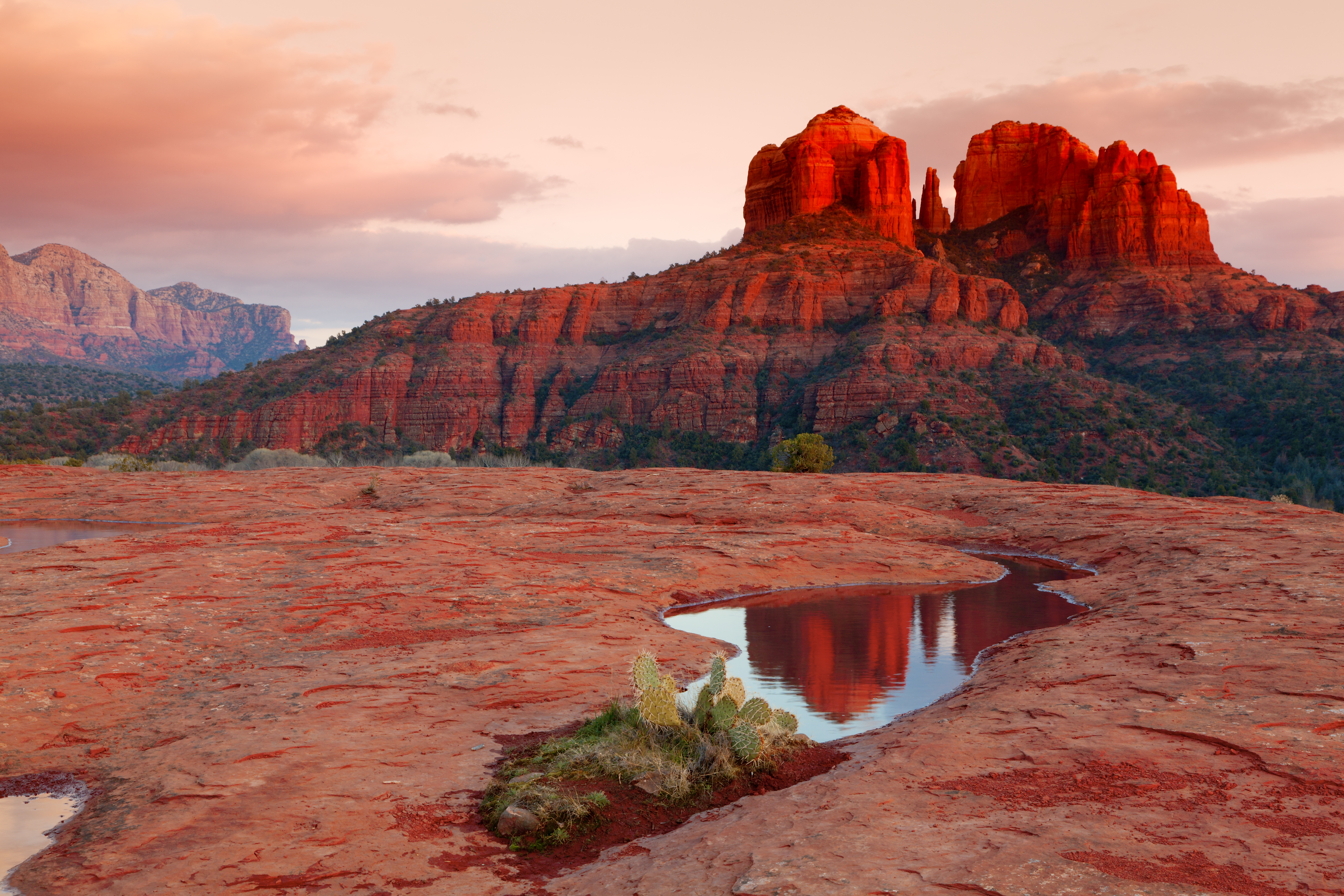 View of Cathedral Rock and its reflection in a puddle at sunset.