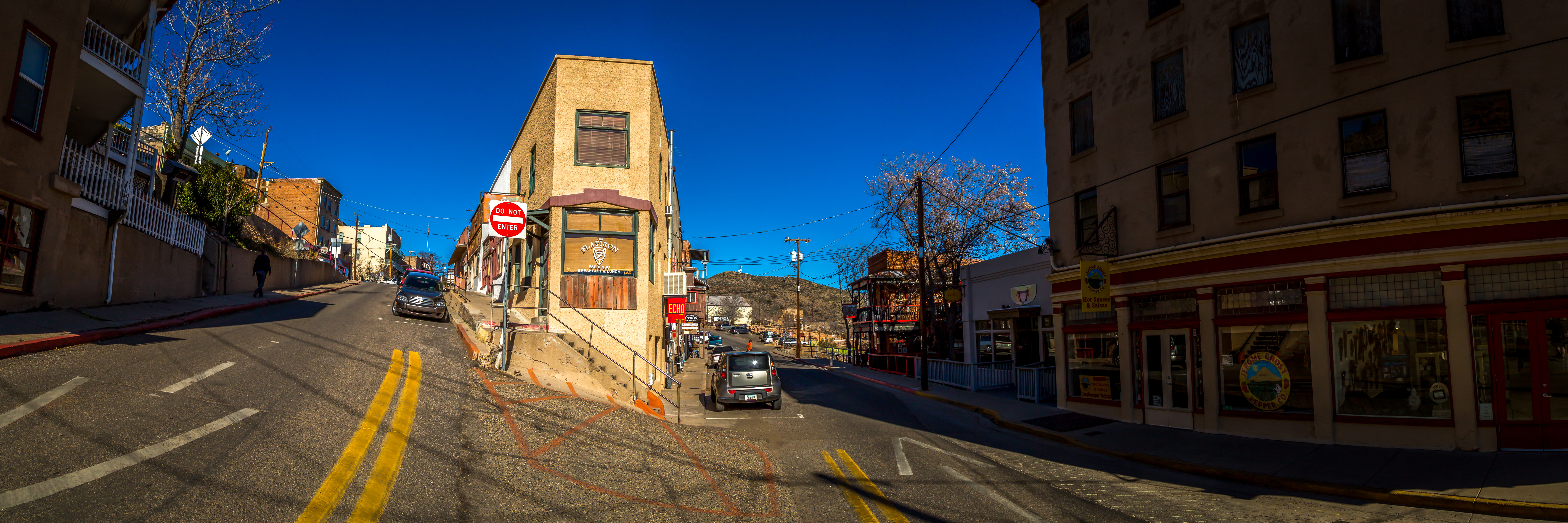 The Flatiron Cafe and downtown streets and buildings of Jerome Arizona
